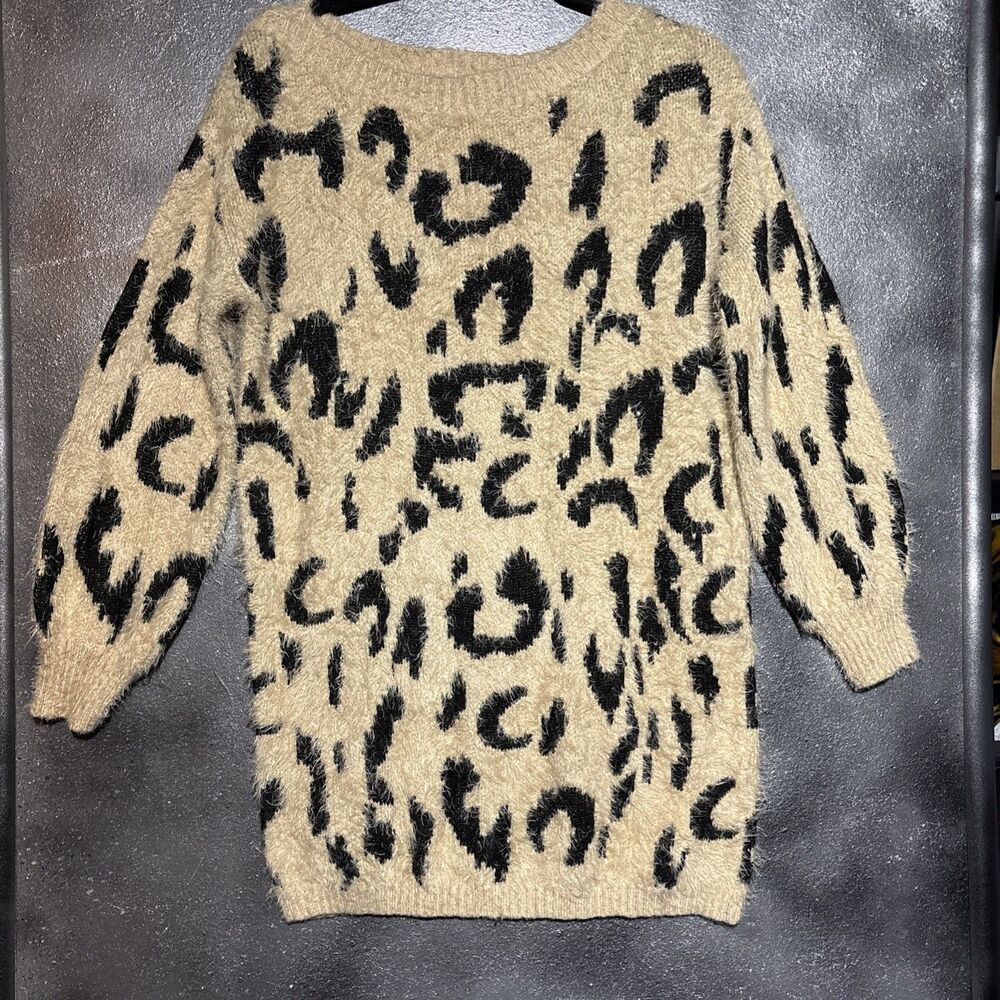 Lulus Sweater Women’s S Tan Black Leopard Print Fuzzy Crew Pullover Cabincore